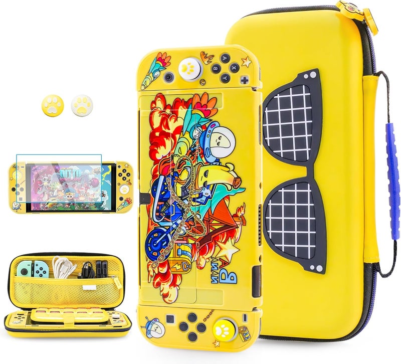 F'DIARY Yellow Carrying Case Compatible with Nintendo Switch OLED, Cool for Fortnite Accessories Bundle with Slim Portable Travel Bag, Dockable Hard PC Protective Case, Screen Protector & 2 Thumb Cap - Image 1